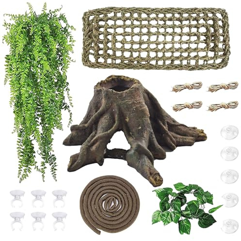 MUYG 5 PCS Tank Accessories for Bearded Dragon Include Resin Hollow Tree Root Reptile Habitat Hideout Decor Hanging Jungle Vines Flexible Leaves Climbing Decorations for Lizard Gecko Chameleon Spider