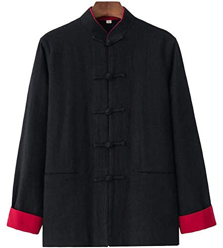 FGDIUCVN Kampfsportbekleidung für Herren, traditioneller chinesischer Tang-Anzug aus Leinen, Hanfu-Mantel, Schwarz, M