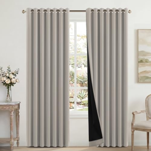 H.Versailtex 100% Blackout Curtains for Bedroom with Black Liner Eyelet Curtains for Living Room Full Room Darkening Thermal Insulated Window Drapes, 2 Panels, 90 x 90 Inch, Natural Sand