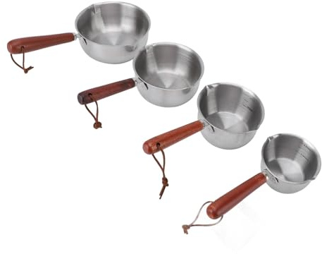 Ausla Set Pentole Acciaio Inossidabile, Pentola per Latte Multifunzionale 4 Pezzi con Beccuccio e Manico in Legno per Olio Latte | Con beccuccio e manico legno, per olio e latte, uso quotidiano
