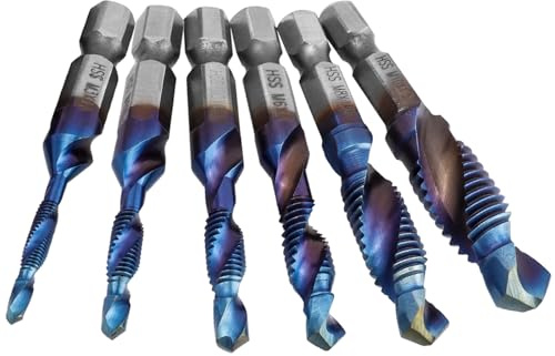 Mesee 6 Pieces HSS Tap Drill Bit Set M3 M4 M5 M6 M8 M10 Combination Drill & Taps Bits Hex Shank Blue Coated Spiral Screw Thread Tapping Tools for Drilling, Chamfering and Countersinking