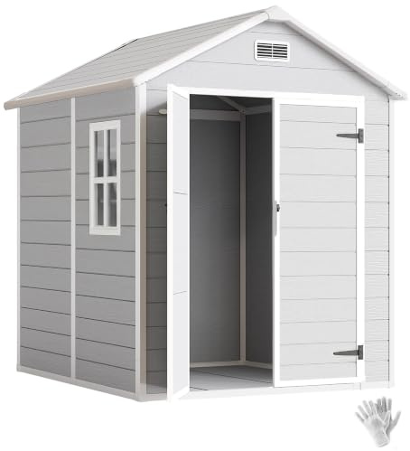 Outsunny 6 x 5ft Garden Shed, Plastic with Floor, Window, Lockable Doors and Vents, Wood Effect Resin Tool for Outdoor Patio, Light Grey