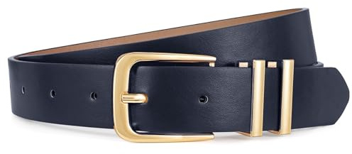 JASGOOD Women Leather Belt for Jeans Pants Fashion Ladies Leather Waist Belt Gold/Sliver Buckle Belt, Navy blue, Fit waist size 30-35