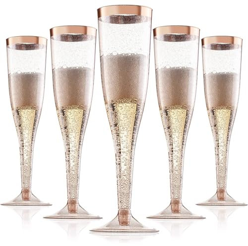 AUTOWNLUX 30 Stück Sektgläser Plastik, 150ml Champagner Gläser mit Roségoldrand und Roségoldglitter aus Kunststoff, Sektglas Plastik Mehrweg für Mimosa Bar Hochzeit Party Picknick im Freien
