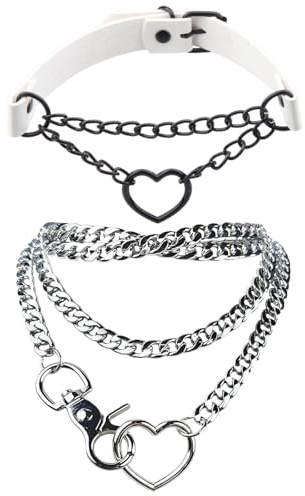 GUSXPPD 2 Pièces Collier Tour De Cou Punk Avec Pendentif En Forme D'Anneau De CœUr, Collier Tour De Cou Punk Gothique Avec Anneau De CœUr, Y2K Colliers En Cuir Pour Hommes Et Femmes (Argent + Blanc)