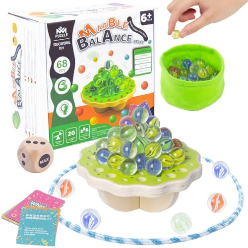 Equilibrio Biglie Vetro Legno per Bambini 6+ e Adulti, Tavola Impilamento Instabile – Familiare 1–4 Giocatori, 68 Biglie, Dado, Carte Sfida, Feste e Viaggi