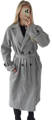 Crazy Fashion Coats For Women UK Winter Jackets Long Sleeve Plain Double Breasted Wool Blend Long Trench Plus Size Coat with Belt, Classic Lapel Ladies Overcoat(Light Grey, UK 10-16)