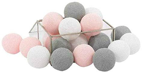 Hiser Luces De Bolas De Algodón Cadena de Luces, Bola de algodón con 10/20/30/50 ledes Batería Lámpara de Guirnalda Luminosa Hogar,Fiesta,Boda,Navidad Decoración (1.5M-10LED,Rosa Gris Blanco)
