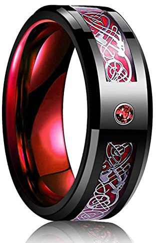 HCMA Anillo de bodas de acero y titanio de 8 mm para hombres y mujeres, anillo de fibra de carbono azul y rojo con dragón celta Punk, banda de boda con incrustaciones de CZ AAA