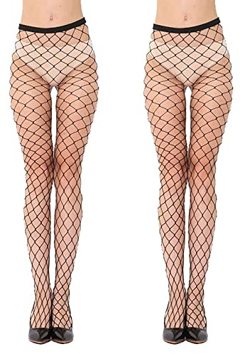 Bas En Résille, 2 Paires Collants Résille Large, Collants À Taille Haute, Maille Croisée, Noir