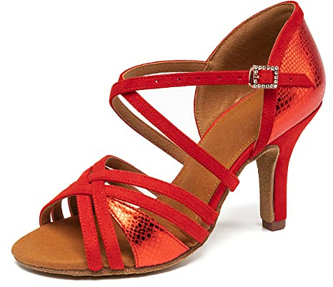 HIPPOSEUS Chaussures Danse Latine Moderne pour Femme Chaussures de Danses Bachata Salsa Tango Rouge Talon 8 cm,Modèle L1, EU 37