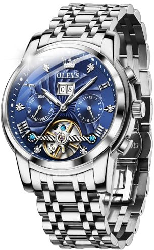 OUPINKE Herrenuhren Automatik Skelett Mechanische Armbanduhr Schwarz Zifferblatt mit Diamanten Tourbillon Wasserdicht Luminous Tag Datum Schwarz Edelstahlarmband