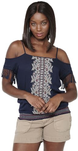 Koroshi Chemisier à bretelles avec détails brodés floraux et encolure ronde avec taille basse caoutchoutée de couleur marine pour femme, bleu, XS