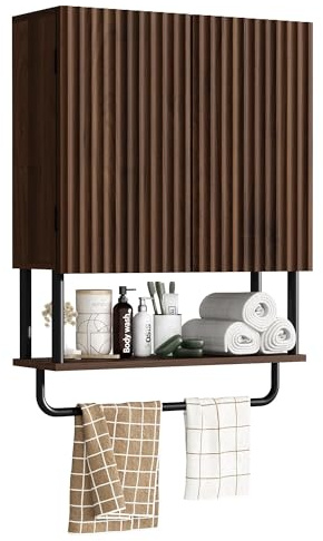 RUSTOWN Fluted Bathroom Wall Cabinet with 2 Doors, 3-Tier Modern Farmhouse Medicine Cabinet, Over The Toilet Storage Cabinet with Adjustable Shelf and Towel Bar (Dark Walnut, Medium)