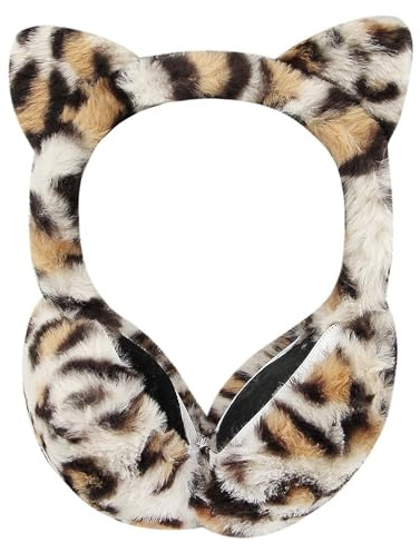 Cute Animal Earmuffs Winter Warm Plush Cat Ear Muffs Foldable/Unfoldable Ear Covers Headband Leopard Faux Fur Earwarmer Outdoor Windproof Cold Weather Headwear for Girls Women Cycling Camping Running