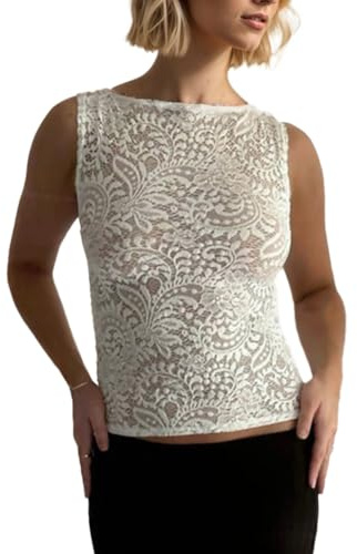 EMOTTOS Top da Donna in Pizzo Canotta, Sexy Trasparente Maglietta Senza Maniche, Y2K a Rete Maglia con Gilet Floreale Ricamato, Top Spalle Scoperte Slim Fit Mode Clubwear Going out, Bianco, S