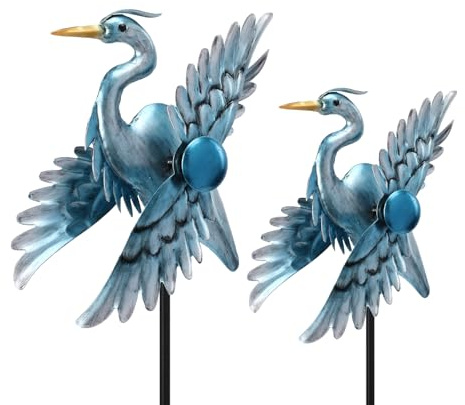 WONDER GARDEN Wind Spinners Outdoor - 2 Pack Small Metal Heron Wind Spinner Windmill, Wind Sculpture for Yard Patio Lawn Decor