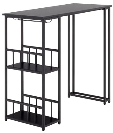 i-flair Bartisch Gavin 110x50x105 cm, Stehtisch 2 cm Dicke hitzebeständige, Kratzfeste & Pflegeleichte Tischplatte, 2 Ablagen, Glashalter, Stahlrahmen, einfacher Aufbau, Industriestil (Schwarz)