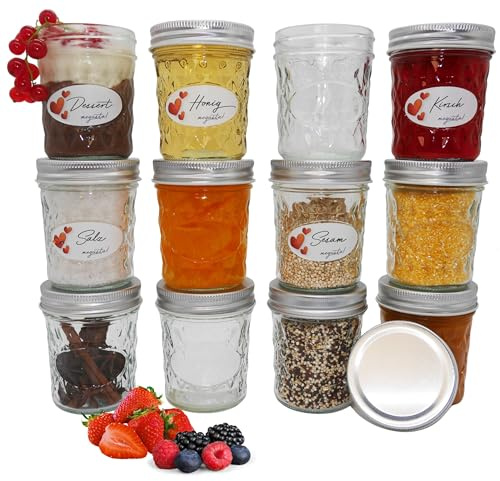 megusta!® 12 tarros de cristal de 200 ml, tapas plateadas, tarros de mermelada, postres, vasos de bebé, yogur para boda, cumpleaños