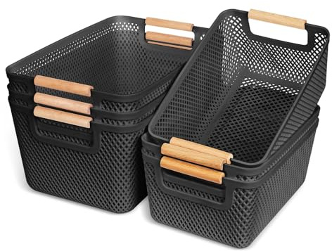 OSTWOLKE 6 Stück Aufbewahrungsbox Kunststoff Schwarz, Aufbewahrungsboxen ohne Deckel, Atmungsaktiv Aufbewahrungskorb mit Griffen aus Massivholz, Boxen Aufbewahrung Plastikbox für Badezimmer Küche