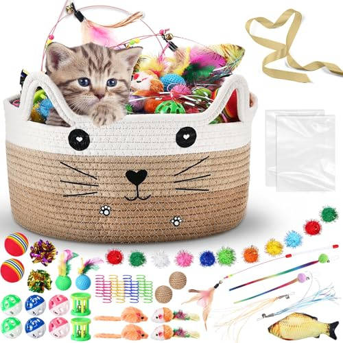Zopeal 76 Pcs Mother's Day Cat Storage Basket Gift Toys Set Interactive Cat Toys Kitten Wand Colorful Flashing Balls Pet Crinkle Balls Attract Kitten to Swat, Hunt for Pet Indoor(Khaki)