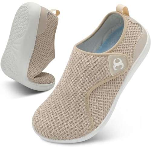 JOINFREE Women’s Barefoot Walking Shoes Wide Toe Box Casual Trainers, Zero-Drop Non-Slip Breathable Comfort Flat Shoes for Swollen Feet, Edema, Elderly & Pregnancy Taupe 6 UK