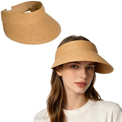 Sombrero de Paja para Mujer con Visera Ancha, Plegable, Ligero, Transpirable, para Playa, protección UV, Ajustable, para Verano, Viajes, (FR/ES, Alpha, Talla única, Beige, 1 Unidad)