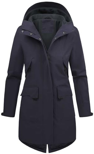 Tuopuda Veste Femme mi Saison Parka Imperméable en Polaire Blouson avec Capuche Décontracté Manteau Long à Fermeture éclair Manteau Printemps Automne(Bleu marine,XL)