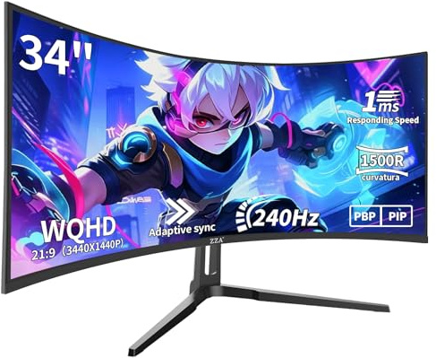 ZZA - 34 Curved Monitor, WQHD 4K 240HZ 1500R Gaming Monitor, Ultra Wide Computer Monitors with FreeSync, HDR10, 1ms, Care of PC Display, Borderless Design