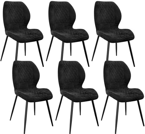 FRUOGO Lot de 6 Chaises Salle à Manger,Chaise Cuisine,Chaise Salon,Chaise Ergonomique,avec Coussin en éponge de Lin, Pieds en métal et revêtement en à Motif Diamant-Noir.