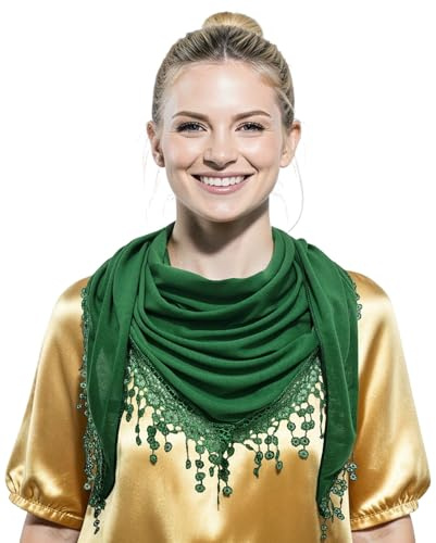 GFM® Women’s Triangle Scarf – Soft Jersey Fabric, Small to Medium, Lace Edging & Tassels, Lightweight Neck Head Scarf for Spring & Summer, Evening Wear,Mantilla- Green-(AG-TRI-PLN-GHR)