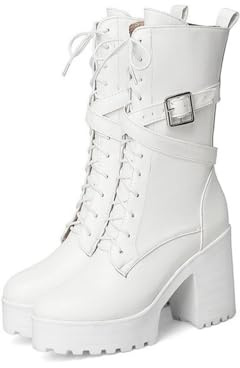 Genérico Botas de Montar Altas Mujer con Hebillas, Estilo Punk Gótico y Tacón Plataforma Grueso para Invierno,Blanca,34 EU