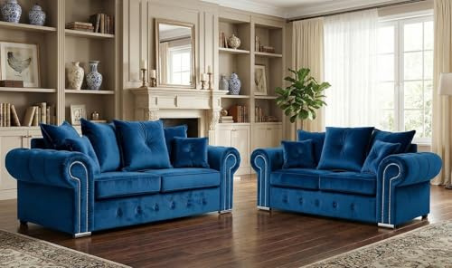 Olympia Settees - 3pc Ashwinn Chesterfield 5 Seater 2c2 Corner Sofa - Soft Blue Plush Velvet 3+2 Seated Fabric Sofas Suite - Comfy 3&2 Settee Dual Arm Scatter Back Couch for Indoors (Blue, 3+2 Seater) | Breathable Fabric