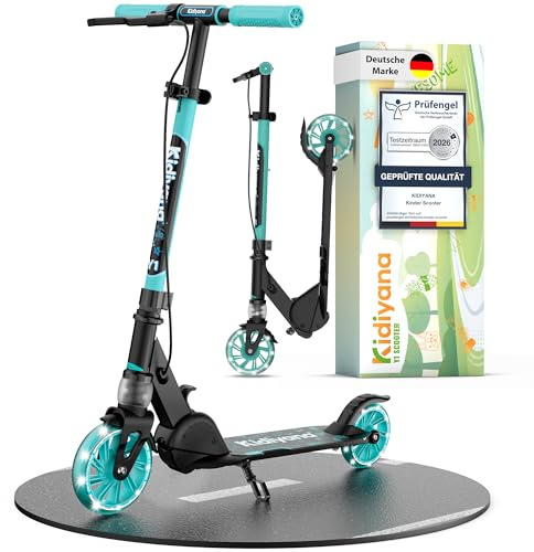 Kidiyana Barnsparkcykel från 5 År upp till 50 kg, Sparkcykel för Pojkar och Flickor med 120 mm PU Hjul med Ljus, ABEC-5 Kullager, Handbroms, Stötdämpning, Hopfällbar