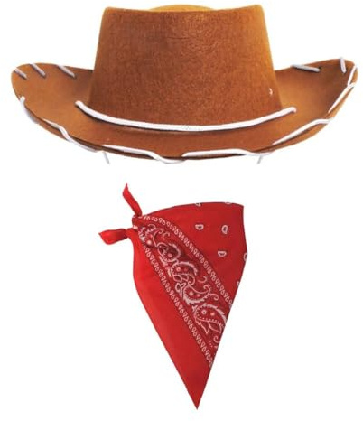 Childs Cowboy Hat Brown With Red Paisley Bandana Set - Kids Wild West Cowboy Cowgirl Fancy Dress Costume Accessory For Halloween, World Book Day, Parties, School Plays And Dress Up