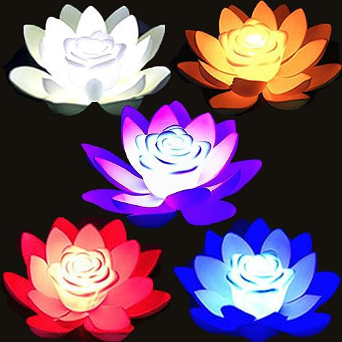 SUQ 5PCS Lampe de Lotus pour l'Extérieur Étanche, Nénuphars Artificiels Flottants, Lumière Flottante à l'Eau, Nénuphars Fleurs Feuille de Lotus Jardin Lumière pour Jardin Piscine Étang Fontaine, 18CM