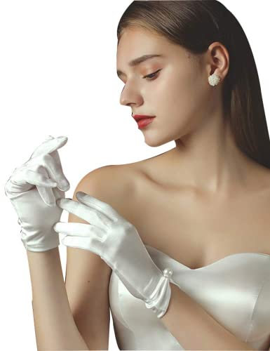 Hoseirty Kurze Satin-Handschuhe für Damen, Hochzeitshandschuhe für Braut, Handgelenklänge, Opernparty, dehnbare Handschuhe, Elfenbein 02, Wrist Length