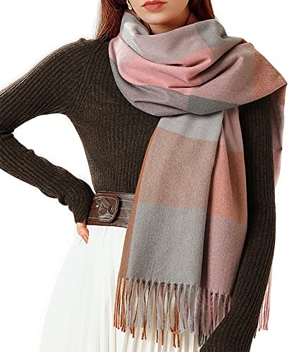 Bakicey Damen Schal XXL Warm Weich Strickschal Karo Winterschal Herbstschal Wolleschal Frauen Deckenschal Halstuch Scarf Poncho Cape (Rosa Grau)