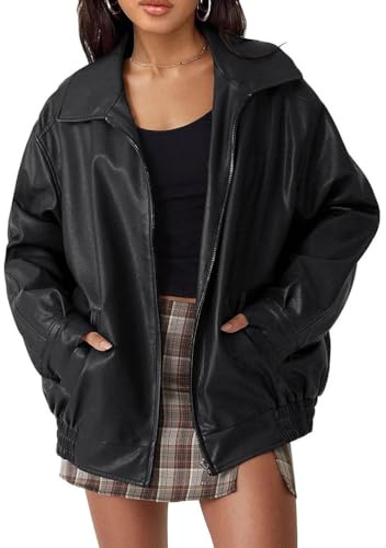 Onsoyours Veste En Cuir Femme Y2K Vintage À Manches Longues Pu Veste Moto Bomber Blousons Fermeture Éclair Blazer Jacket Chaud DéContractéE Biker Manteau Oversize Printemps Automne B Schwarz M