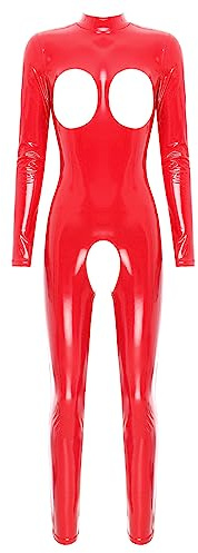 Aislor Body da Donna in Pelle Wetlook Overall Jumpsuit Hot per Sesso Leotard Catsuit Bodysuit Manica Lunga Lingerie Erotico Tuta Intera per Discoteca Clubwear A Rosso S