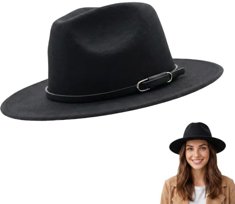 VASANA Cappello Fedora classico unisex a tesa larga con fibbia per cintura, cappello Panama in feltro nero, cappello jazz per performance, feste, spettacoli, cosplay, matrimoni, vita quotidiana (56-58