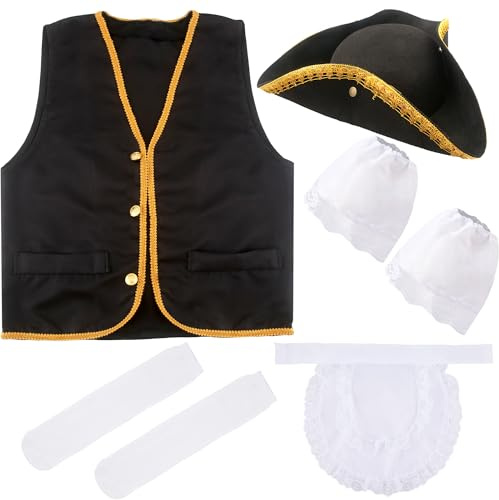 6 Pcs Kids Pirate Tricorn Hat Costume Set Pirate Colonial Vest Tricorn Hat White Colonial Lace Socks Lace Collar for Boys Halloween Masquerade Party Cosplay