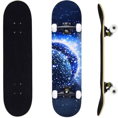 ERNAN Skateboard,80 * 20cm,pour Adulte/Enfant Fille/Garçon Débutant.Plateau 7 Plis érable Alpin,Roulement ABEC-7,T-Tool Inclus,Skateboard Enfants (Moon)