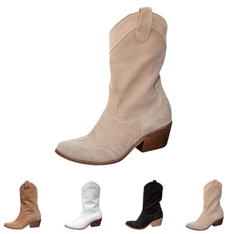 Botas Texanas Mujer con Tacón Bajo Western Invierno Botines de Media pantorrilla Botas Altas Mujer con Tacón Botines Cremallera Botas Western para Mujer Boots de Punta Equitación Botas, beige, 37 EU