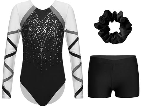 Miutii Mädchen Turnanzug Langarm Glitzer Gymnastikanzug mit kurze Hose und Haargummi Ballettanzug Gymnastik Leotard Tanzkostüm Schwarz 170-176