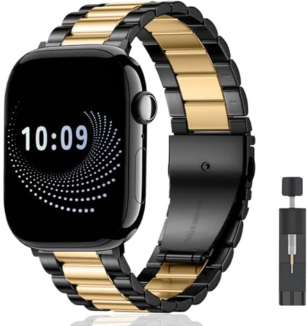 AiiBowy Metallarmband för Apple Watch 46 mm 45 mm 44 mm 42 mm 49 mm, rostfritt stål armband för Apple Watch Ultra 3/Ultra 2/Ultra/SE 3/SE 2/SE/Series 11/10/9/8/7/6/5/4/3/2/11 svart guld