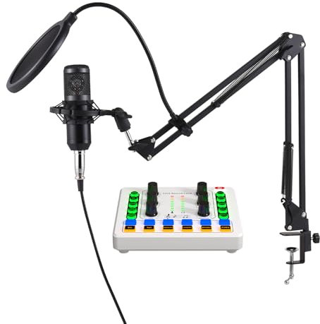 CHOYUE Ensemble d'équipement de podcast micro à condensateur avec kit de carte son en direct Plug and Play Microphone de podcast changeur de voix carte son en direct pour l'enregistrement de diffusion