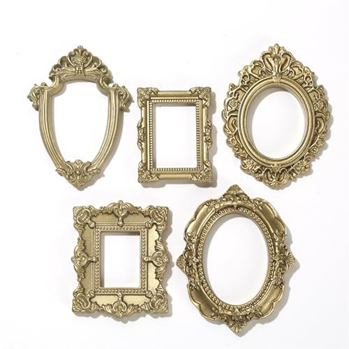 5 Pcs Vintage Resin Picture Frame Antique Vintage Collage Photo Frame, Vintage Flower Oval Rectangle Baroque Frames Table Top Frame for DIY Jewelry Display Home Decor, Without Glass or Backing,Gold