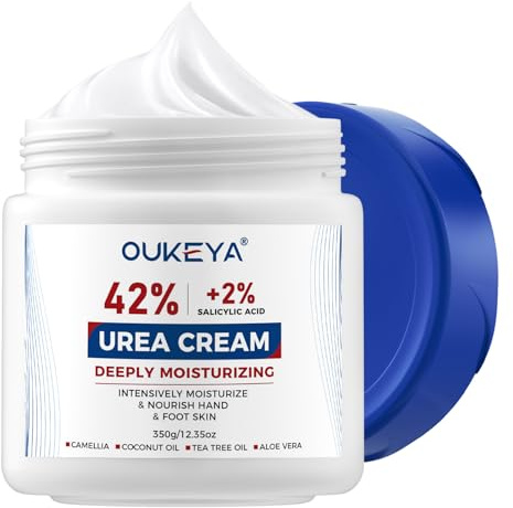 OUKEYA Crema Urea 42% con Acido 2%, Crema Piedi Mani per il Trattamento Piedi, Talloni, Ginocchia, Gomiti, Crema Corpo Secchi Screpolati, Idrata, Rimuove Calli, Duroni, Formato Grande, 350g
