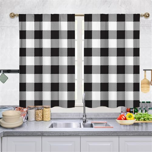 Highdi 2 Piezas Visillos Cortos para Ventanas, Cortinas Cortas para Cocina con Bolsillo para Varilla Cortinas Translucidas para Interior, Salón, Dormitorio, Comedor (Cuadros Negros,140 * 100cm)